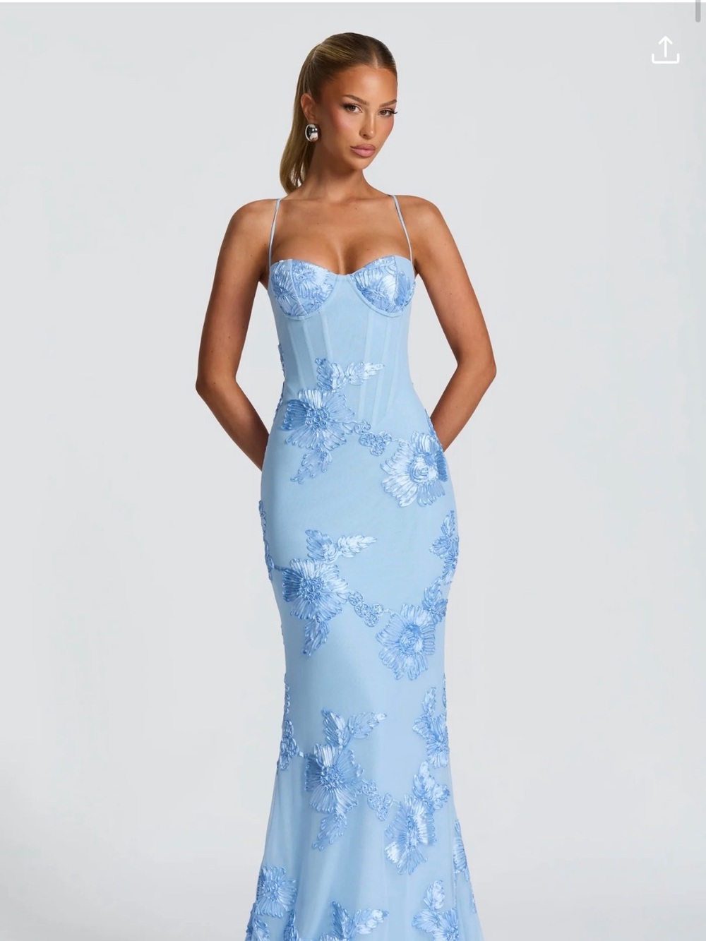 Strapless Light Blue Floral Appliqué Corset Maxi Dress